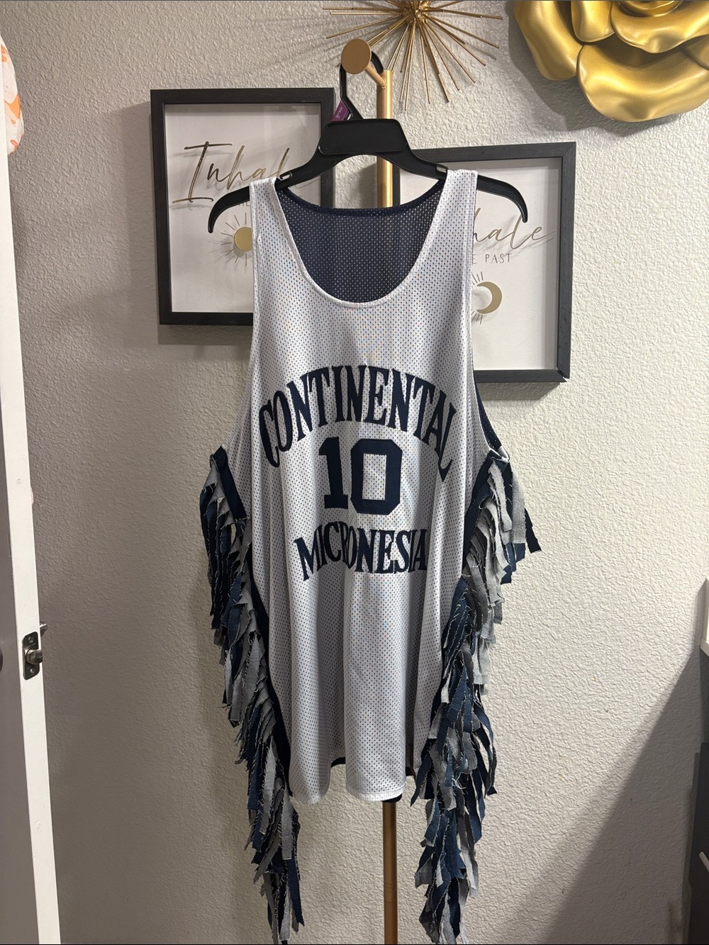 White & Navy Sleeveless Fringe Dress